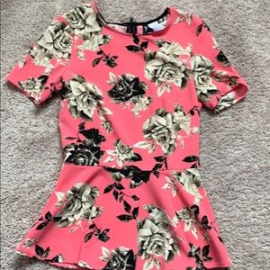H&M pink blouse with black and cream flower prints